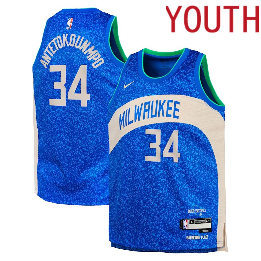 Youth Milwaukee Bucks #34 Giannis Antetokounmpo Nike Royal City Edition 2023-24 Swingman Replica NBA Jersey